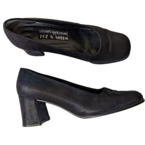 Vintage 1980s black block heel Stuart weitzman square toe heels textured 6.5 - Picture 1 of 6